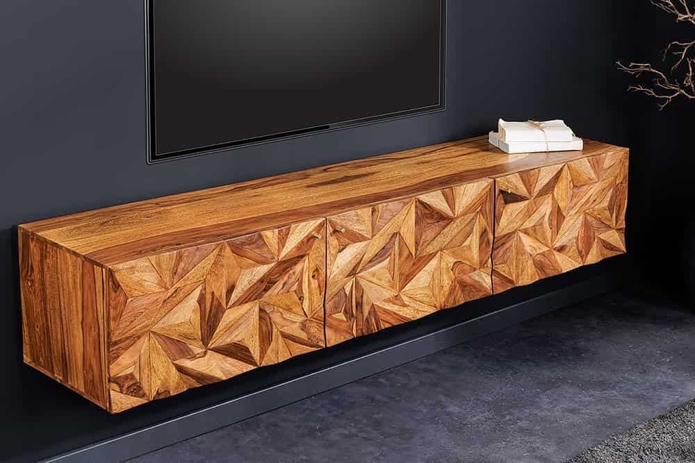 Hangend TV-meubel Alpine 160 cm – Natuurlijk sheesham met mat gouden metaaldetails