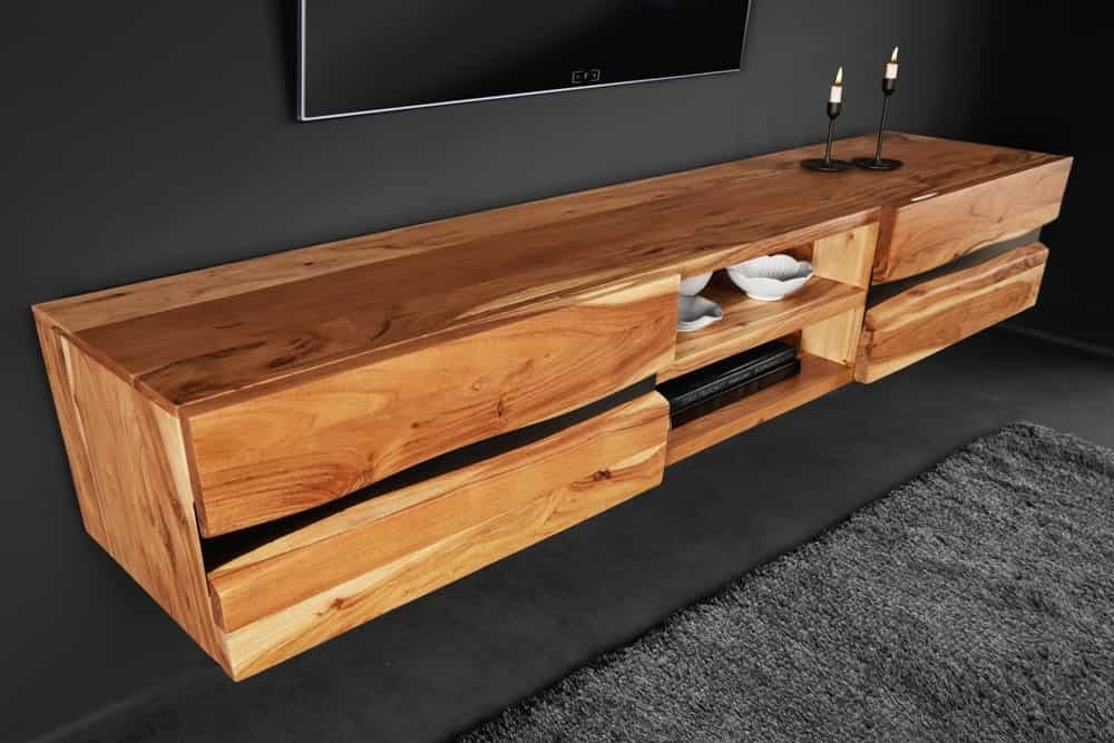 Hangend TV‑meubel Amazonas – 160 cm acaciahout met zwarte metalen rand