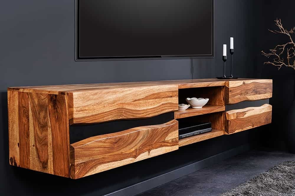 Hangend TV-meubel Amazonas 160 cm – massief Sheesham met zwarte metalen rand