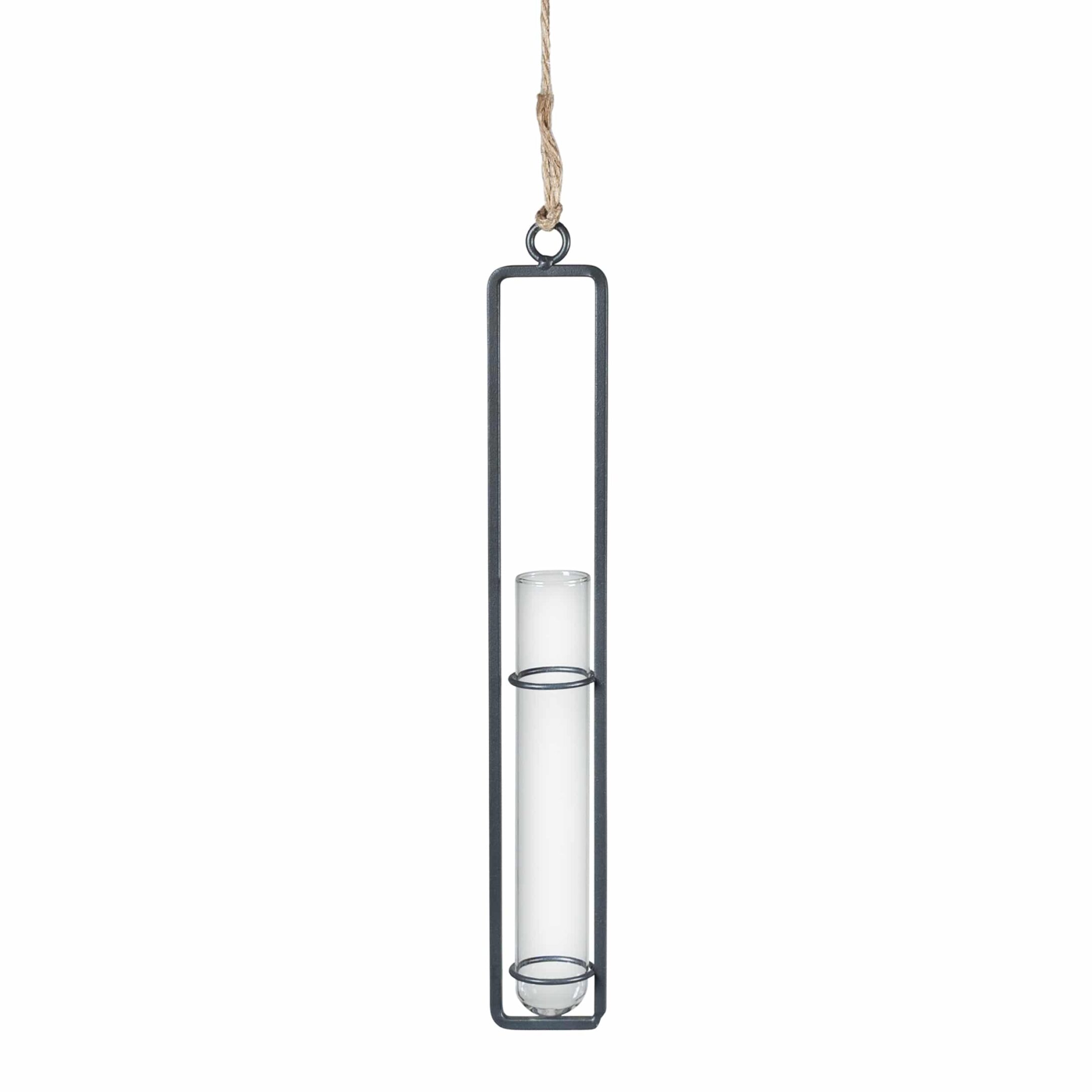 Hangend vaasje QUVIO – Antraciet & transparant, 2,5 × 27 cm