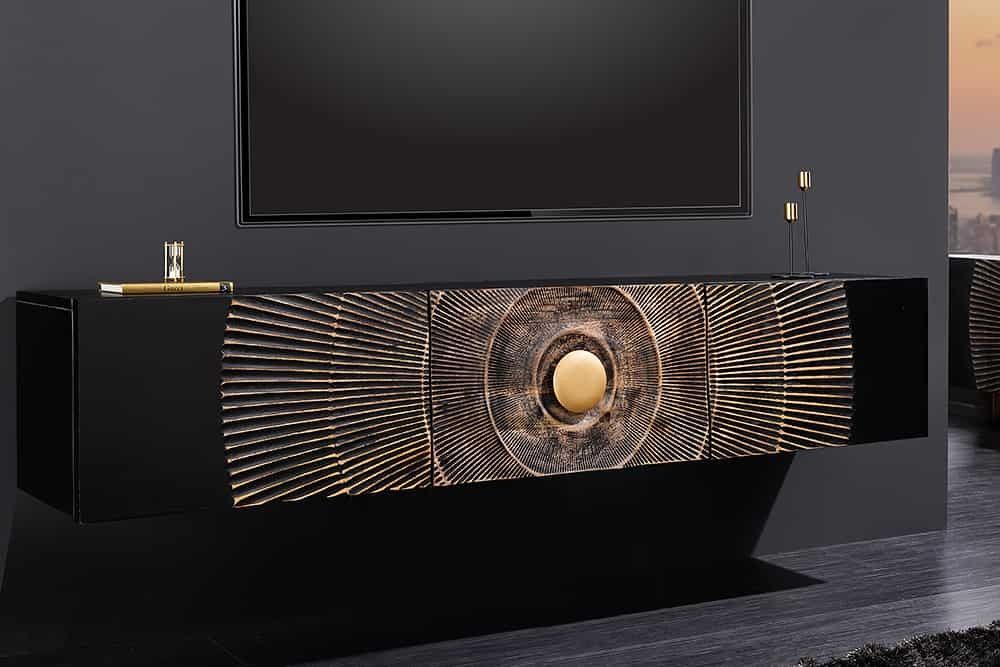 Hangende TV‑lowboard Golden Sunset 160 cm – luxe mangohout zwart met 3D goudcarving