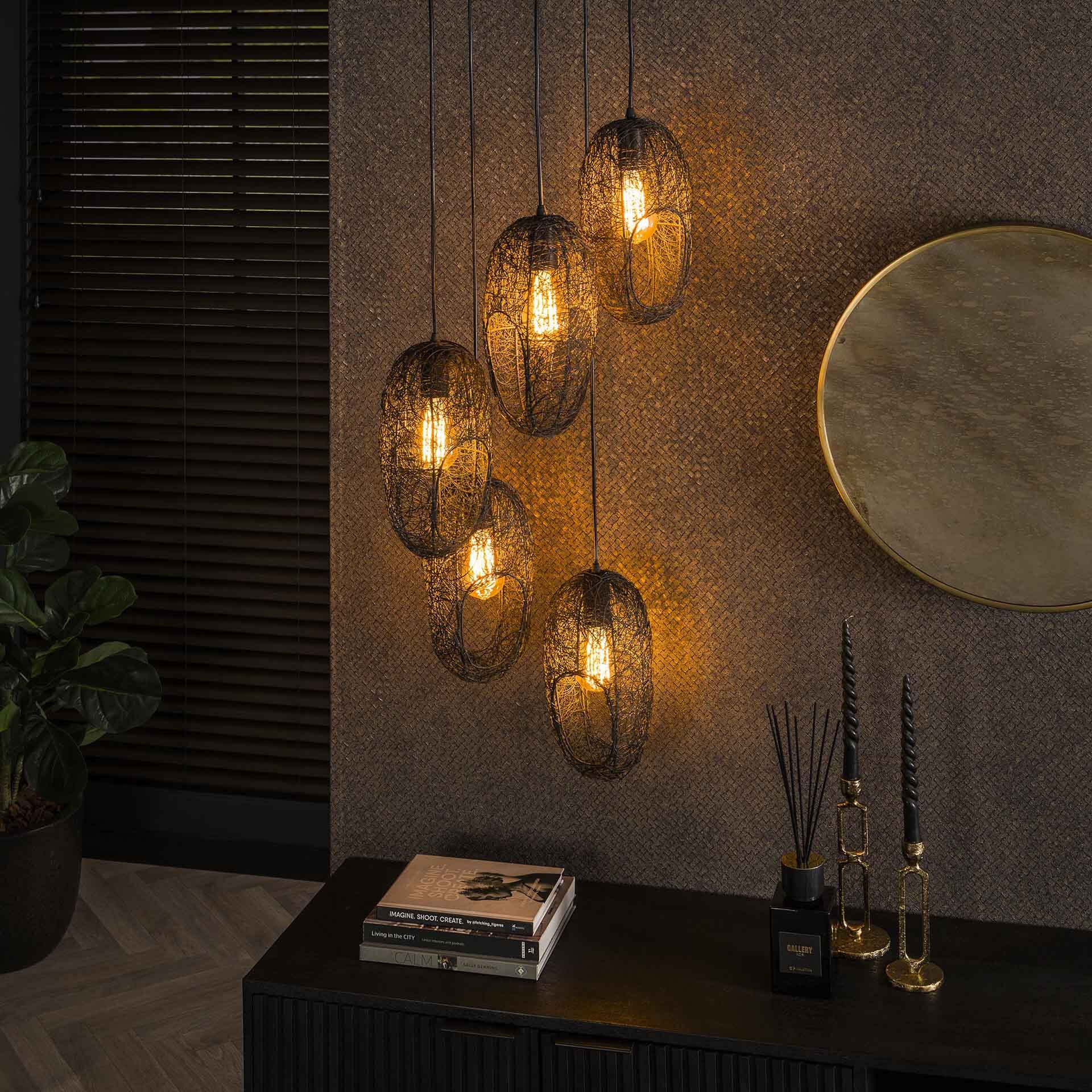Hanglamp Shanay Wire – Moderne 5‑lampen hanglamp in stijlvol Zwart