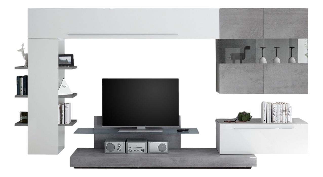 Harley TV‑wandmeubelset in hoogglans wit & grijs beton – moderne 5‑delige woonoplossing