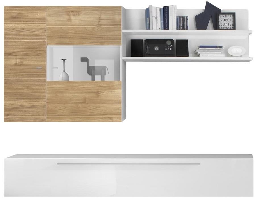 Helga TV‑wandmeubel set – Hoogglans wit met eiken accenten