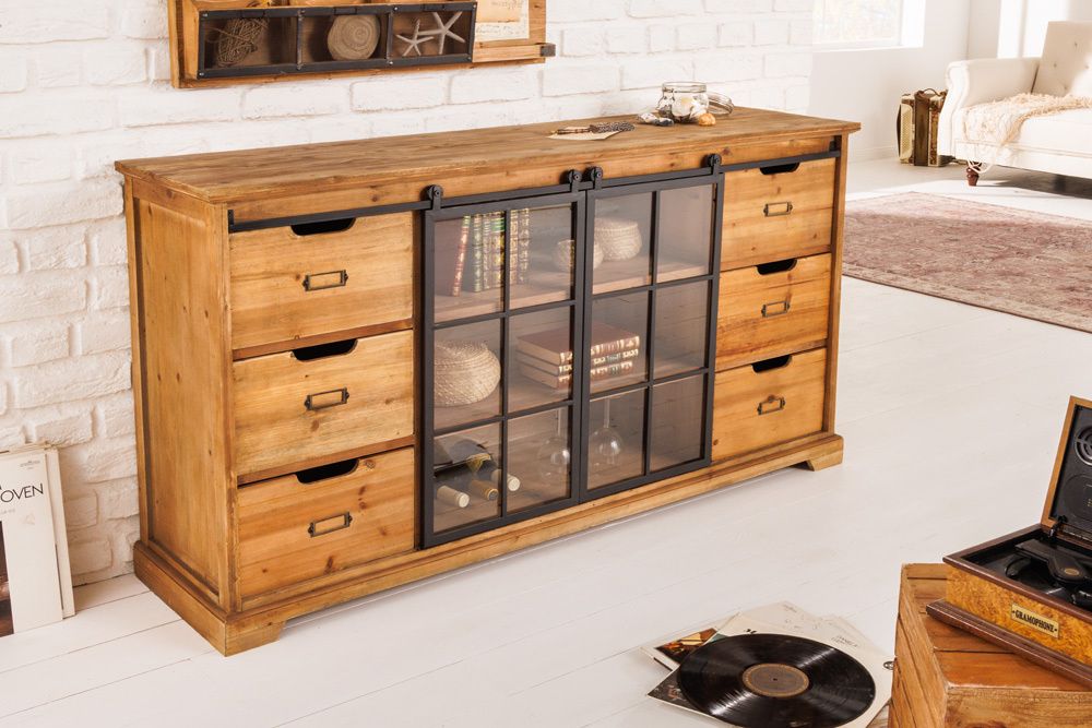 Heritage massief dressoir 148 cm – natuurlijke granen met industriële metalen vitrinekast | Invicta Interior