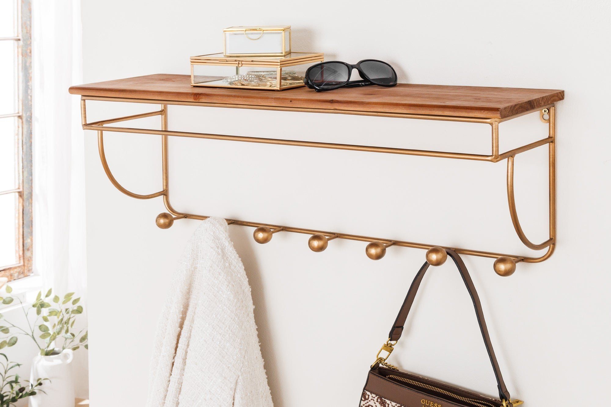 Heritage Wandkapstok 80 cm – Natuurlijke Houtlook met Gouden Messingaccenten