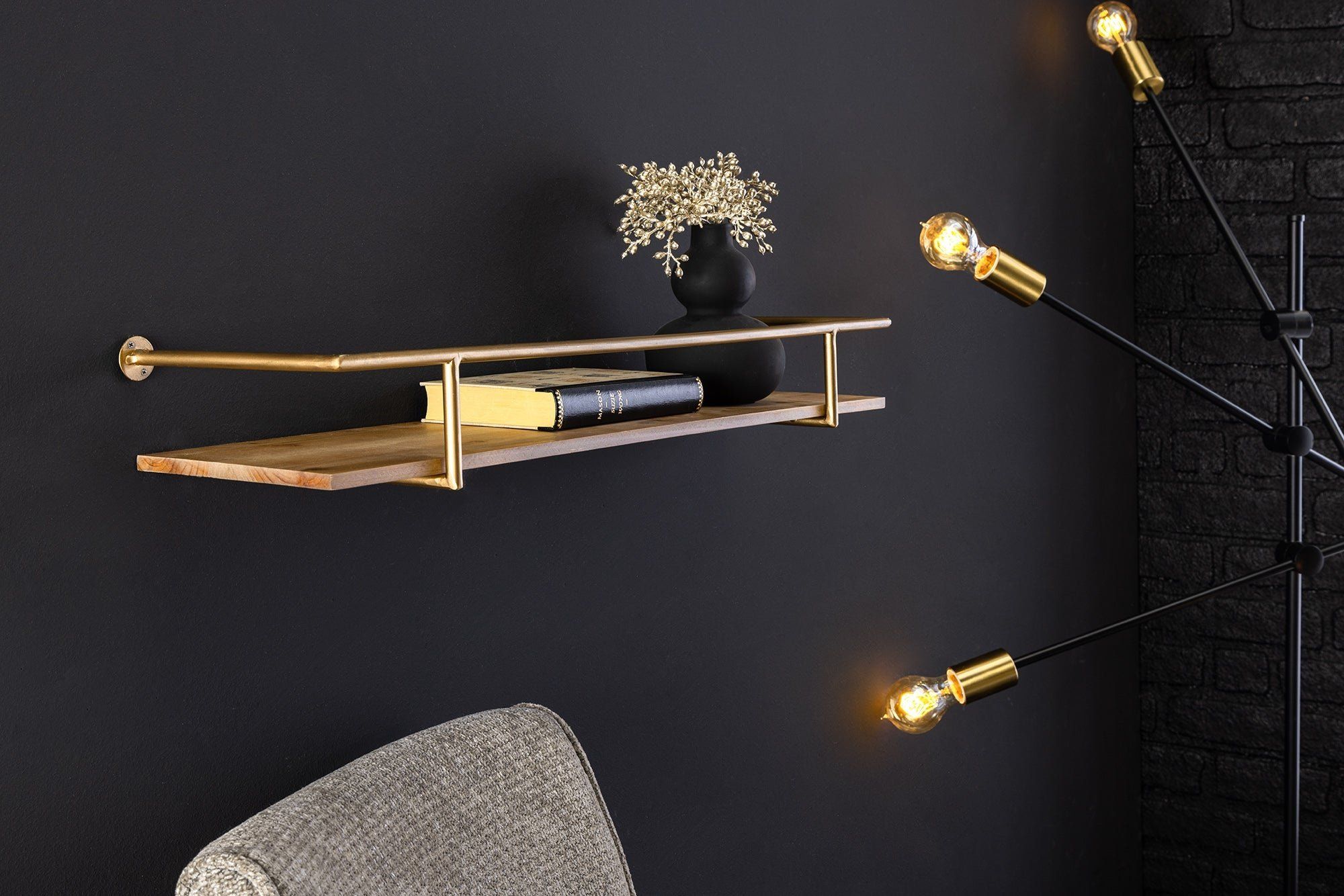 Heritage Wandplank 75 cm – Massief Grenenhout met Gouden Metaalsteun