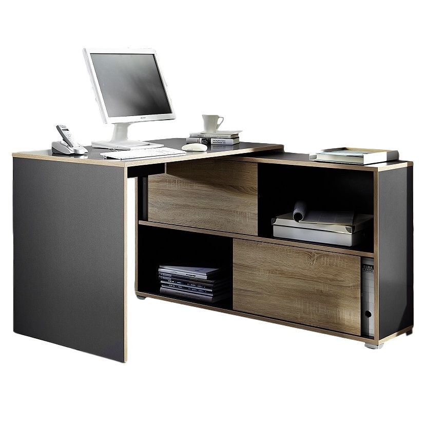 Hoekbureau Slide 120 cm – Modern antraciet met eiken schuifdeuren