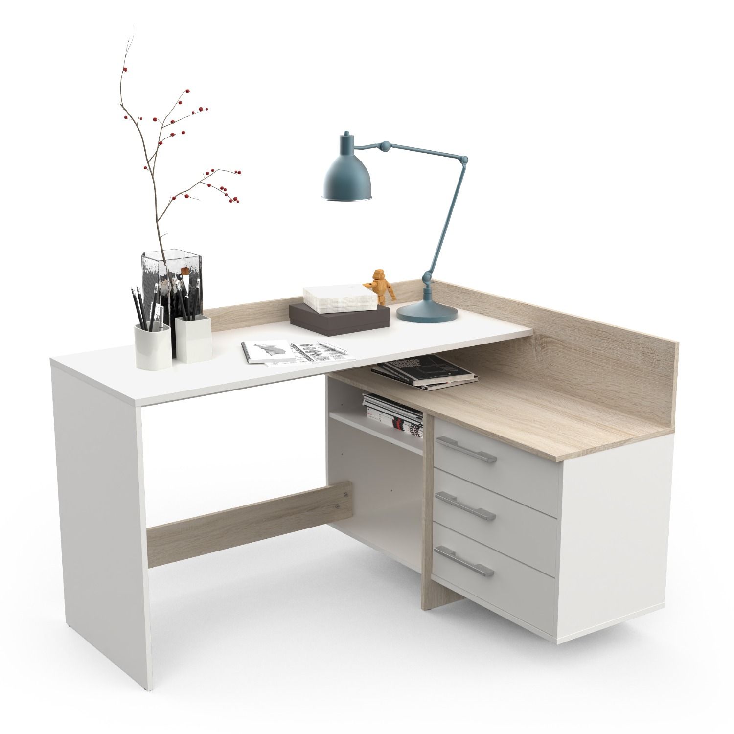 Hoekbureau Thales 129 cm – mat wit met eiken, stijlvol en functioneel