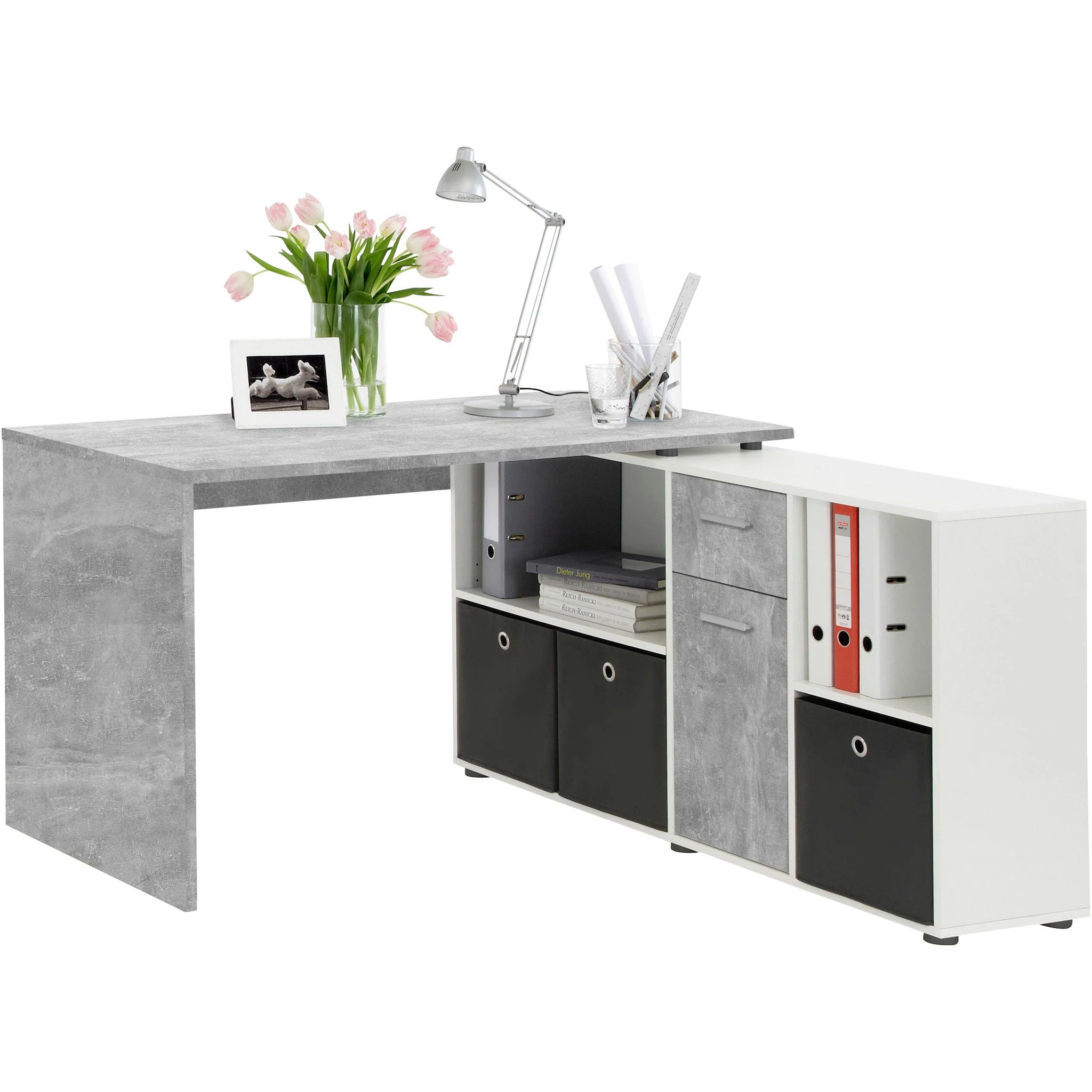 Hoekbureau Trex 136 cm – Grijs beton & wit, praktisch en stijlvol