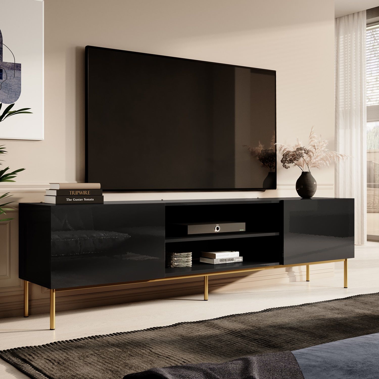 Home Style TV‑meubel Slide 200 cm – Hoogglans zwart met gouden poten