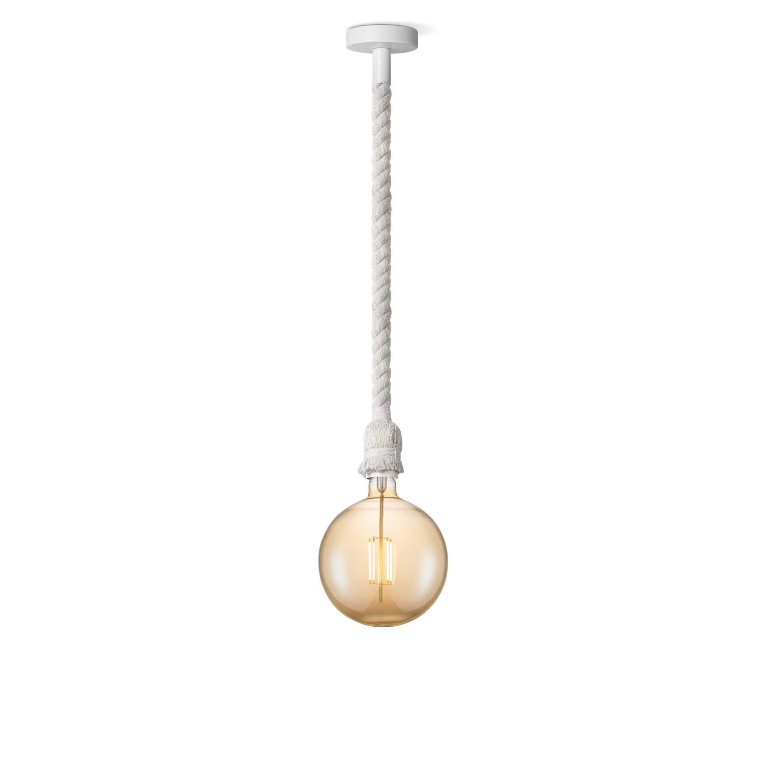 Home sweet home hanglamp Leonardo – warme touwlamp in wit met amberkleurig licht