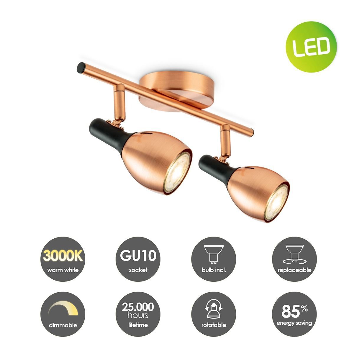 Home Sweet Home Novi 2L LED Opbouwspot – 32 cm Koper/Zwart, Dimbaar & Richtbaar