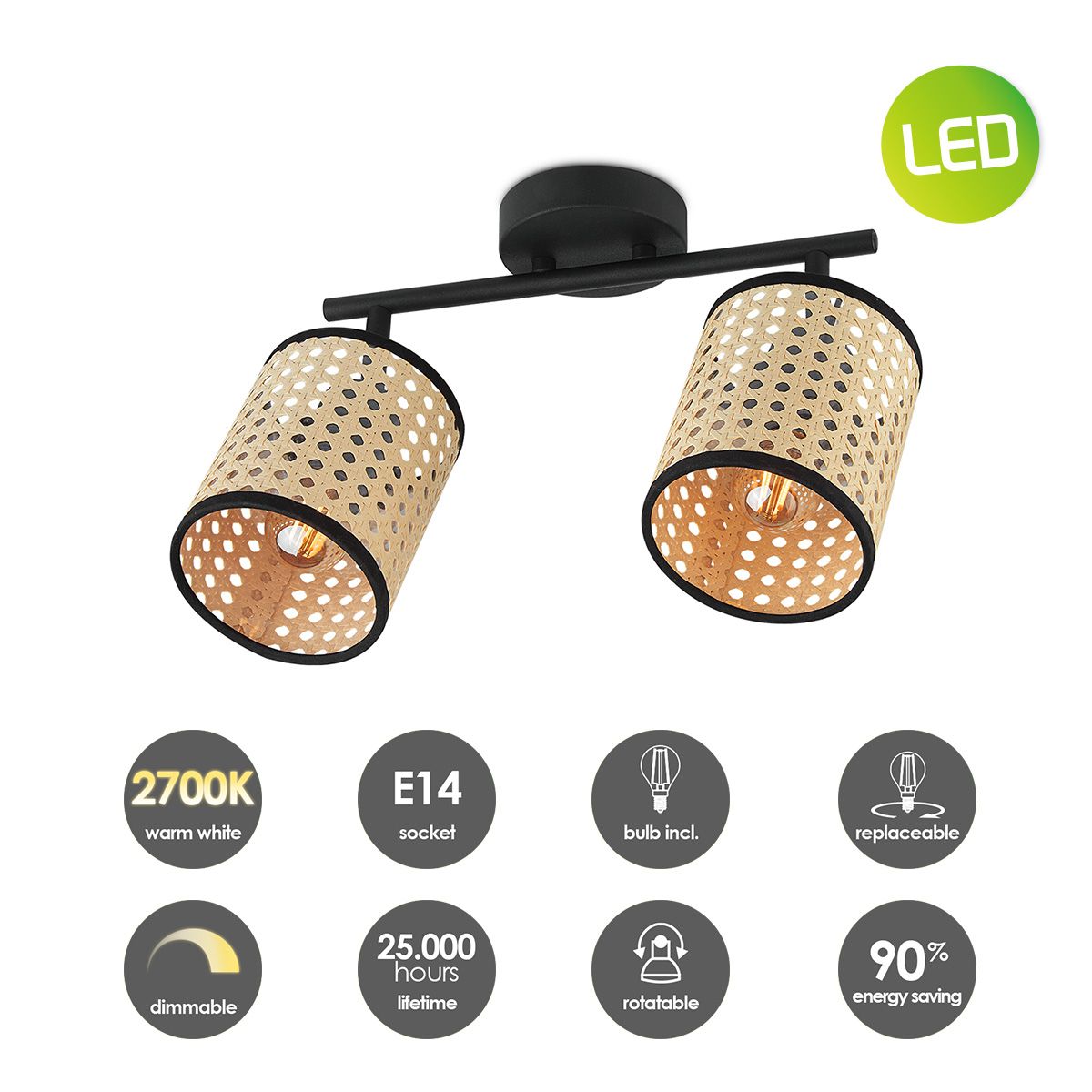 Home Sweet Home Ratan LED Opbouwspot – 2‑licht, warm wit, dimbaar