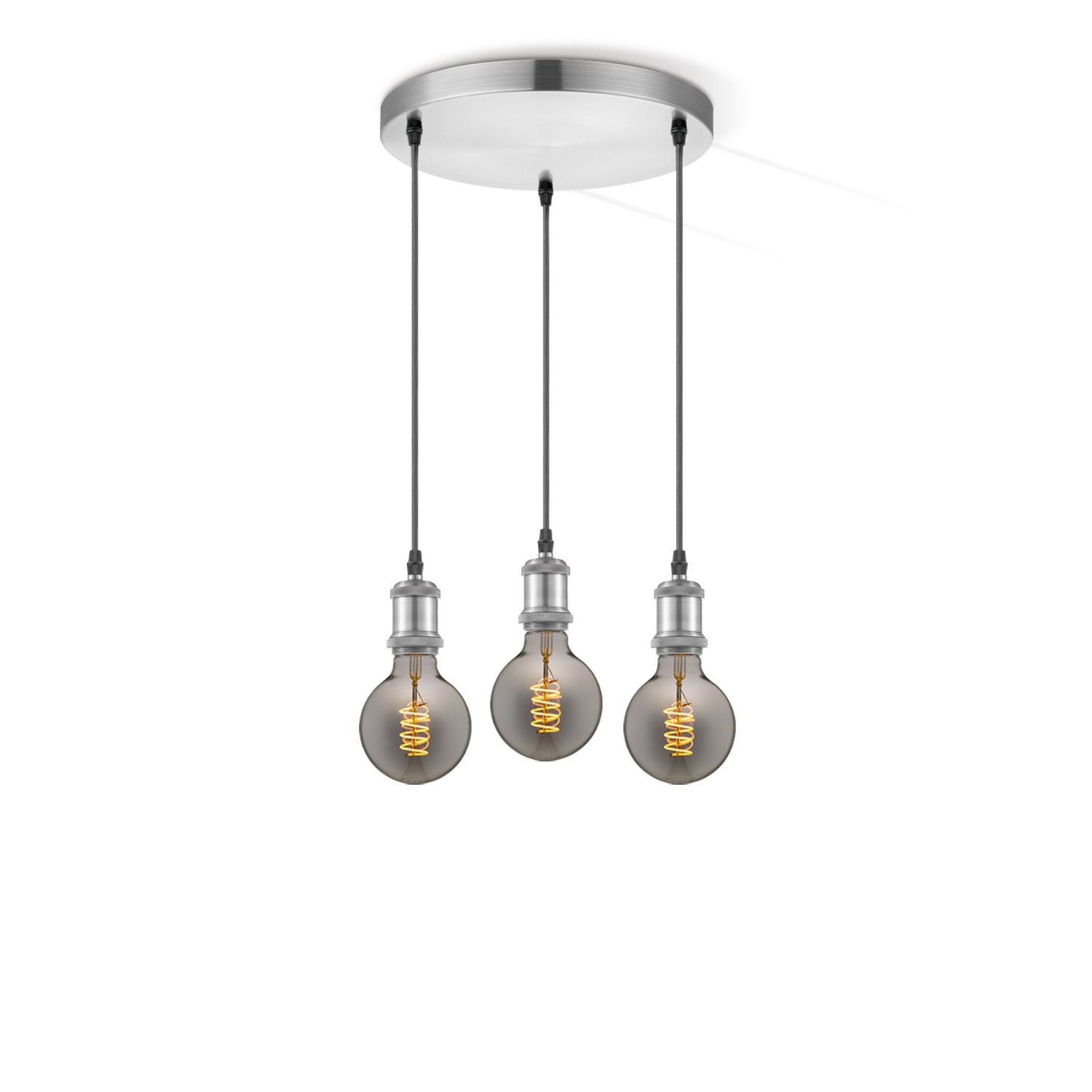 Home Sweet Home – Vintage 3‑licht Hanglamp met Ronde Spiralsnoer in RVS