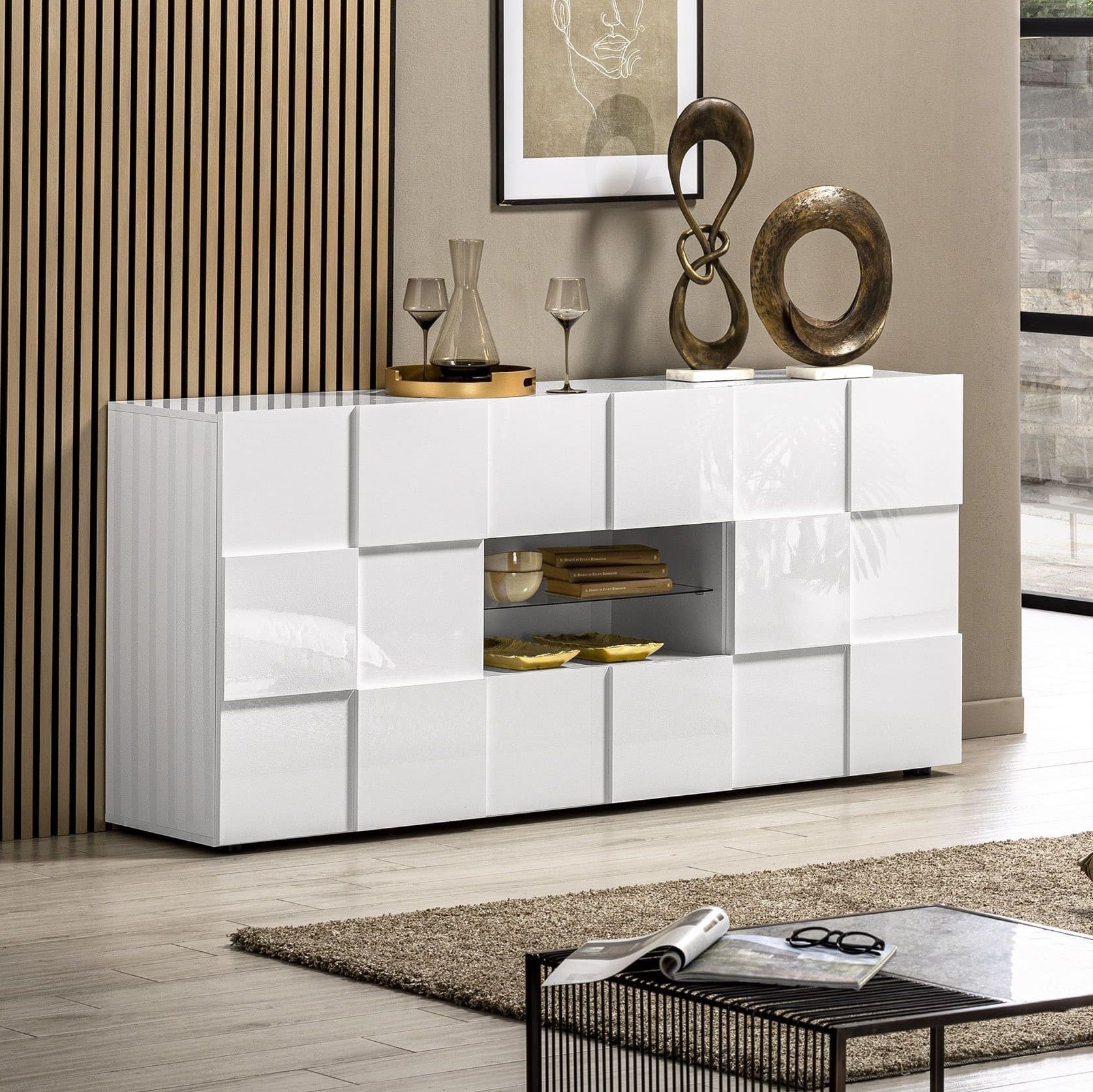 Hoogglans wit dressoir Dama – 181 cm breed, strak en ruim opbergen
