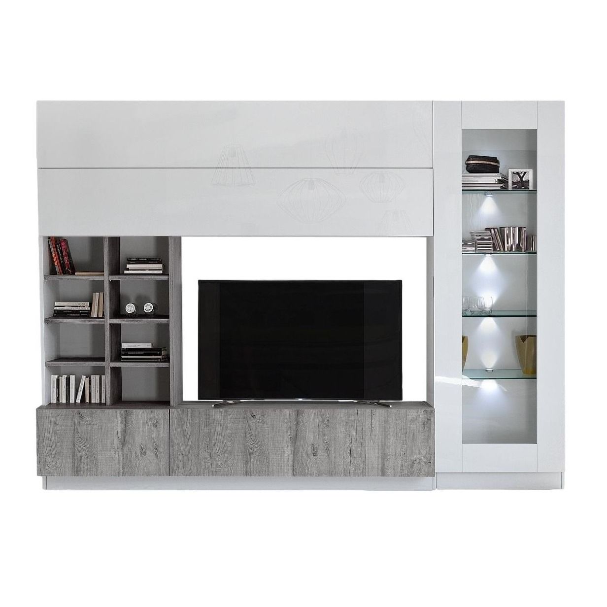 Hoogglans wit tv‑wandmeubel Line – 280 cm, grijs eiken front