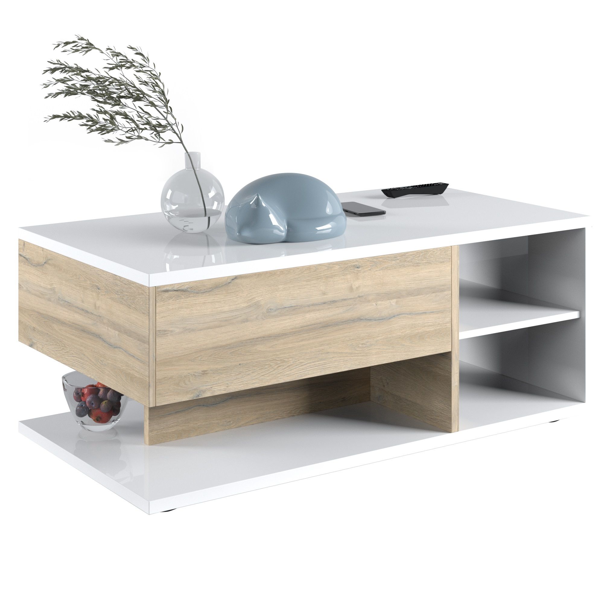 Hoogglans witte salontafel Insta met eikenaccent – stijlvol en functioneel