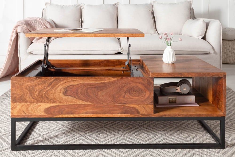 In hoogte verstelbare salontafel MAKASSAR FUNCTION 110 cm – massief sheesham met metalen accenten