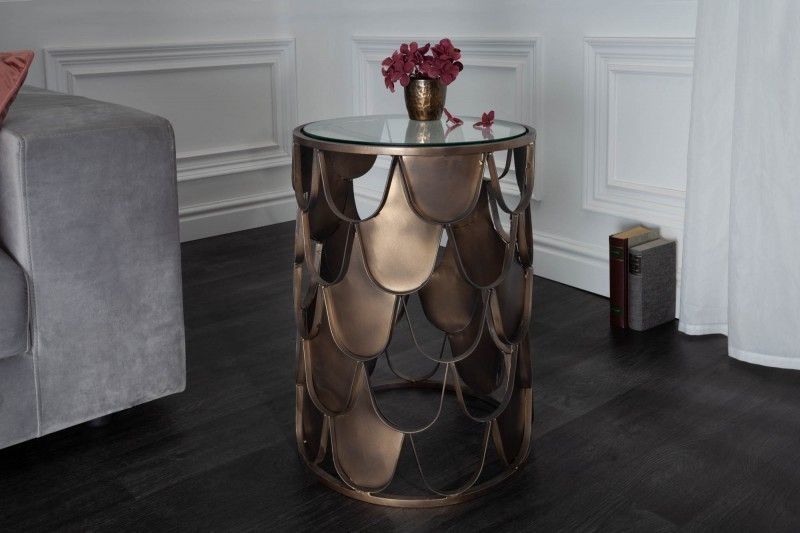 Industrieel Bijzettafel Abstract – 55 cm Antiek Messing en Rond Glazen Design