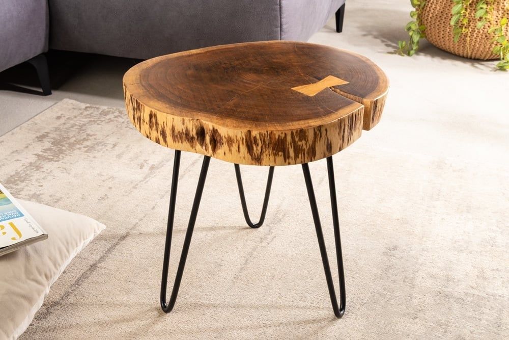 Industrieel bijzettafel GOA – 40 cm ronde acacia massief hout met haarspeldpoten