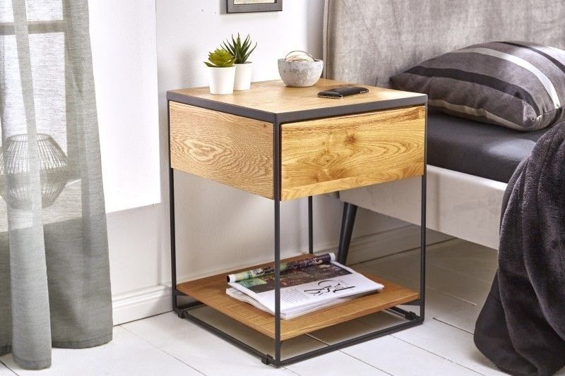 Industrieel bijzettafel Scorpion 40 cm – wild eiken nachtkastje met lade