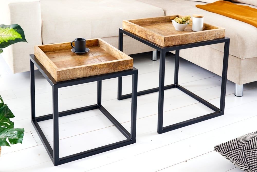 Industrieel bijzettafel set van 2 – SERVITEUR 45 cm met natuurlijk mangohout