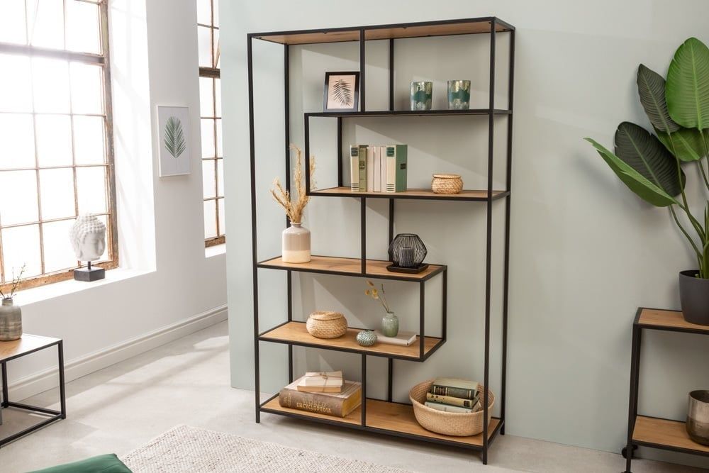 Industrieel boekenkast SLIM LINE – 185×114 cm, wilde eik & zwart, 6 planken | Invicta Interior