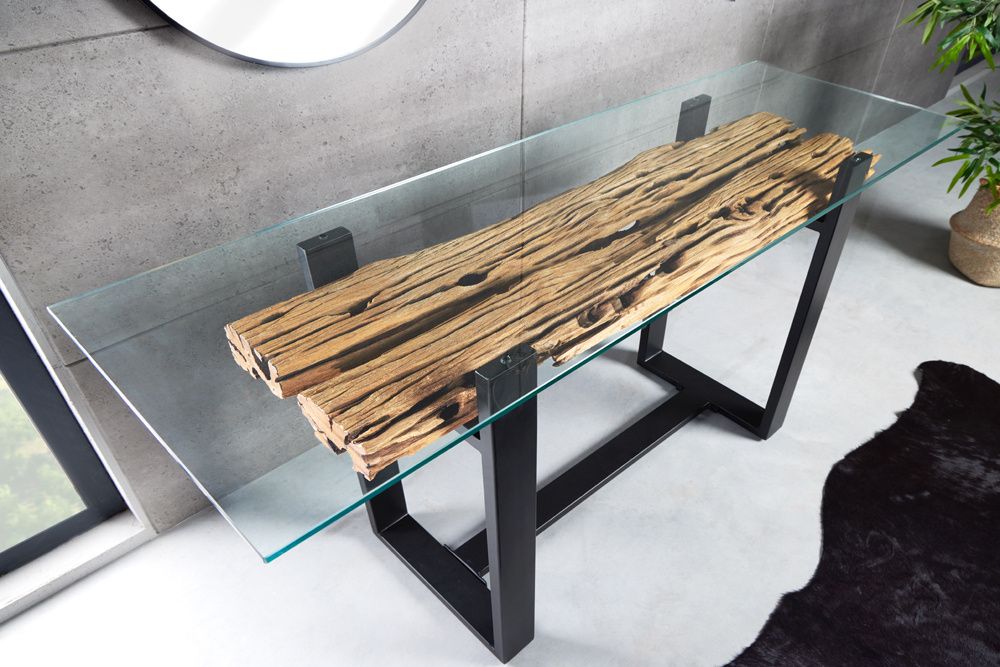 Industrieel design consoletafel Barracuda 150 cm – Gerecycled teak‑glas van Invicta Interior
