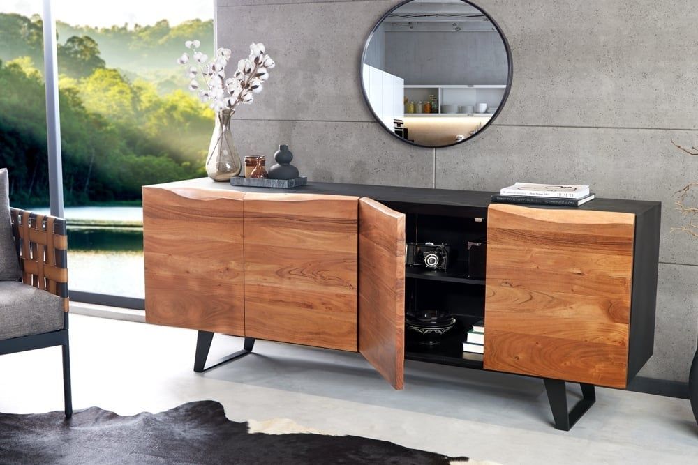 Industrieel Design Dressoir “Organic Artwork” – 180 cm massief acaciahout met robuust ijzeren frame