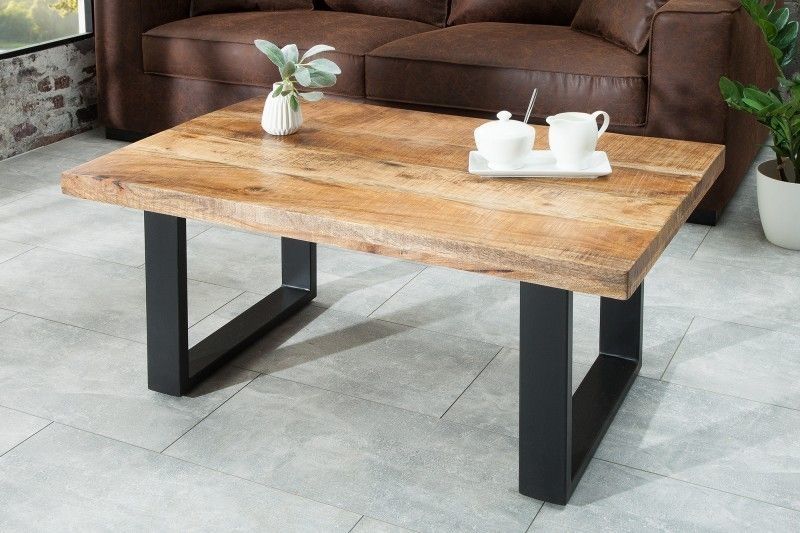 Industrieel design: Salontafel IRON CRAFT 100 cm – Mangohout & Zwart IJzerframe