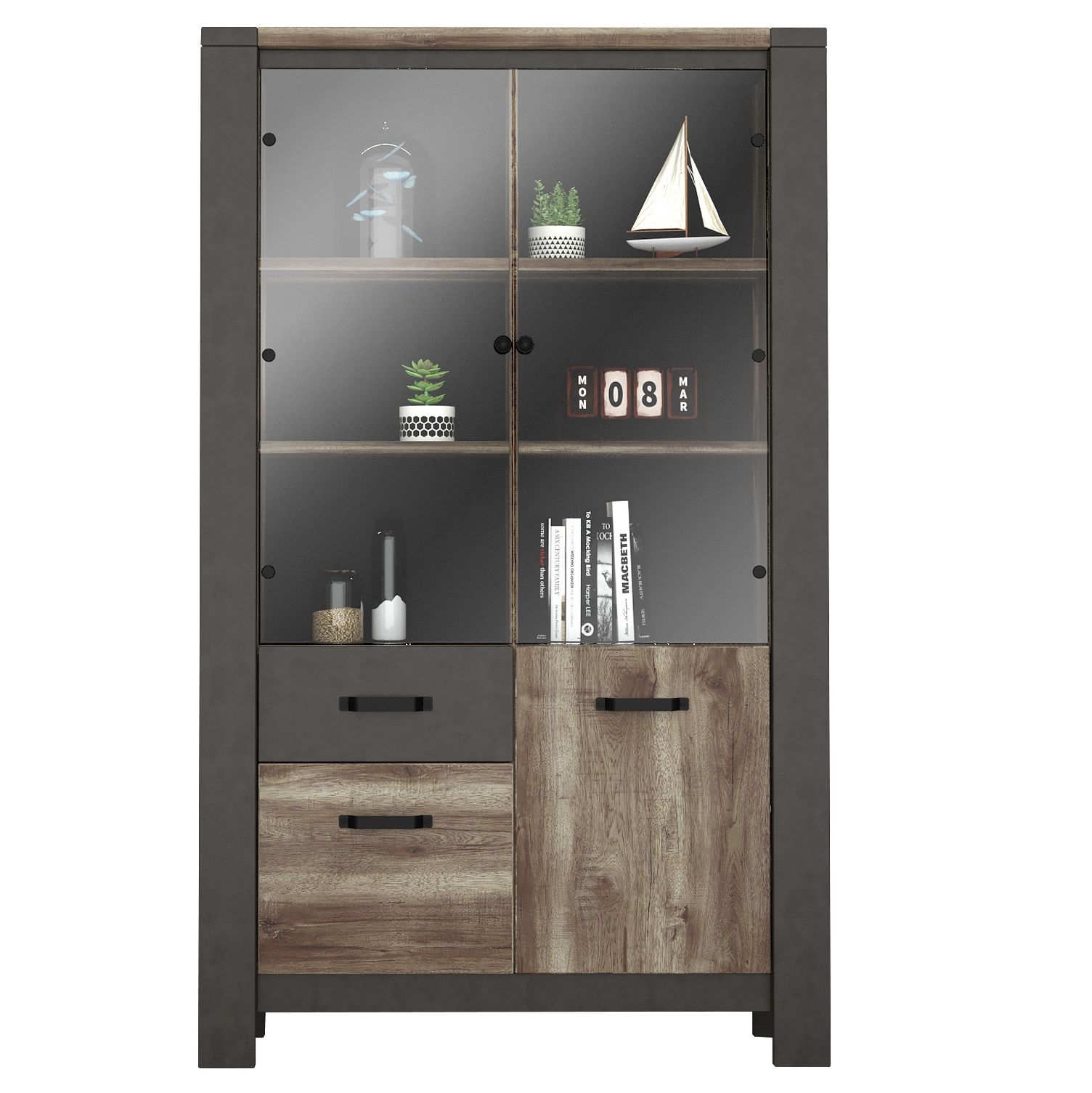 Industrieel design Vitrinekast Malt – 204 cm hoog in oud eiken en antraciet