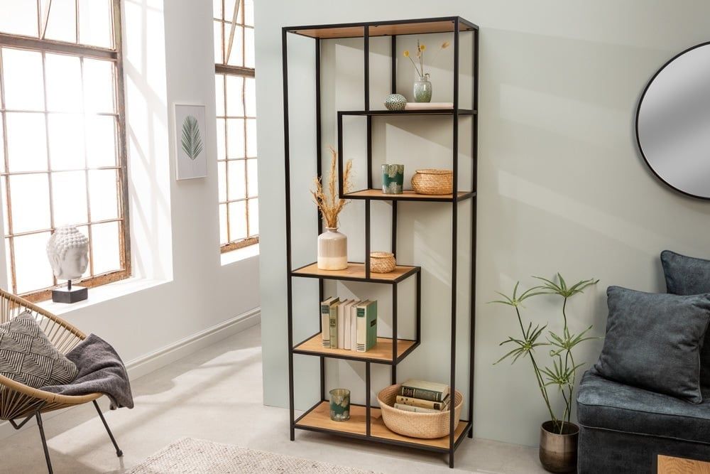 Industrieel designboekenkast SLIM LINE – 185 cm, wilde eik & zwart, 6 planken