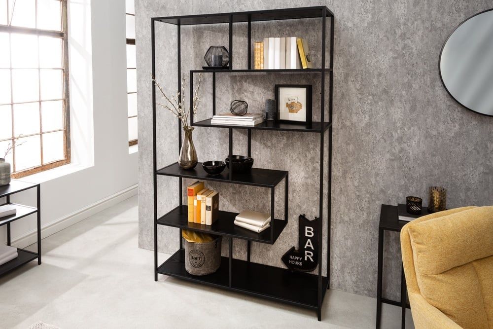 Industrieel Designboekenkast SLIM LINE – Zwarte Essen met Zes Ruimteklare Planken (185×114 cm)