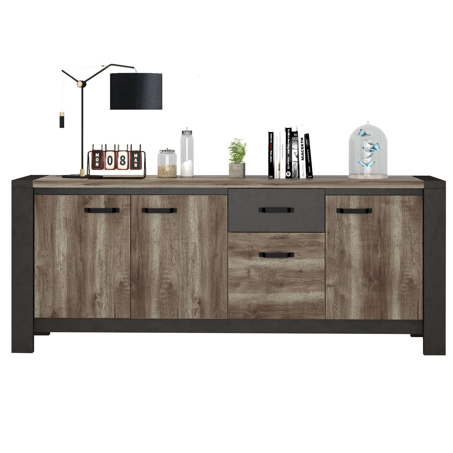 Industrieel dressoir Malt – 224 cm breed, oud eiken met antraciet