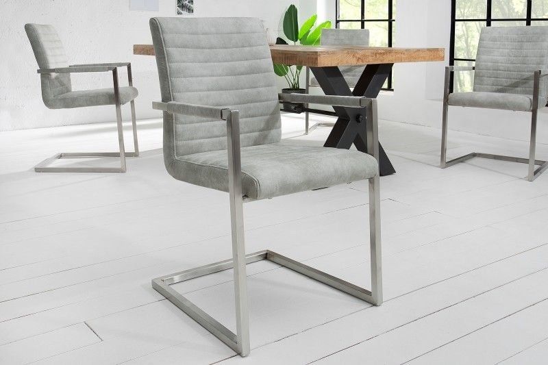 Industrieel LOFT Sledestoel Steengrijs met RVS armleuning – Invicta Interior