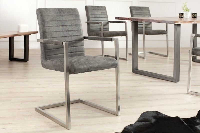 Industrieel LOFT Sledestoel Vintage Grijs met RVS Armleuning – Stijlvolle Eetkameroptie