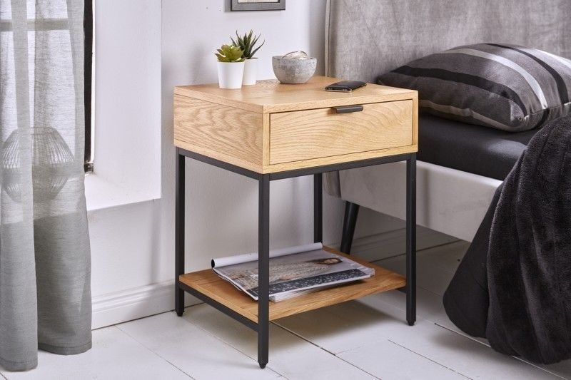 Industrieel nachtkastje ELEMENTS – 40 cm eiken bijzettafel met lade | Invicta Interior