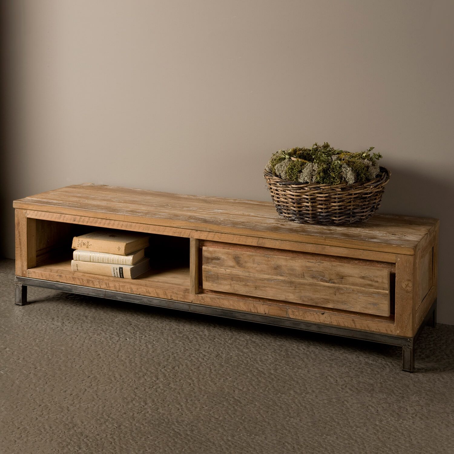 Industrieel TV-meubel Venetië met lade – Tower Living, oud teak & staal