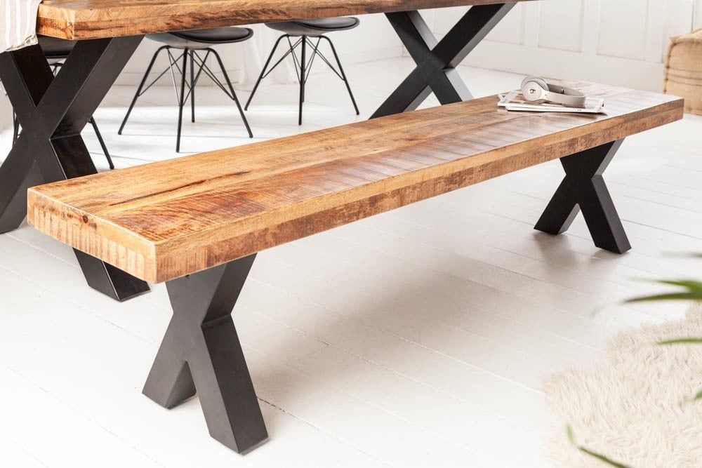 Industriële bank IRON CRAFT 160 cm – mangohout met zwarte X‑poten