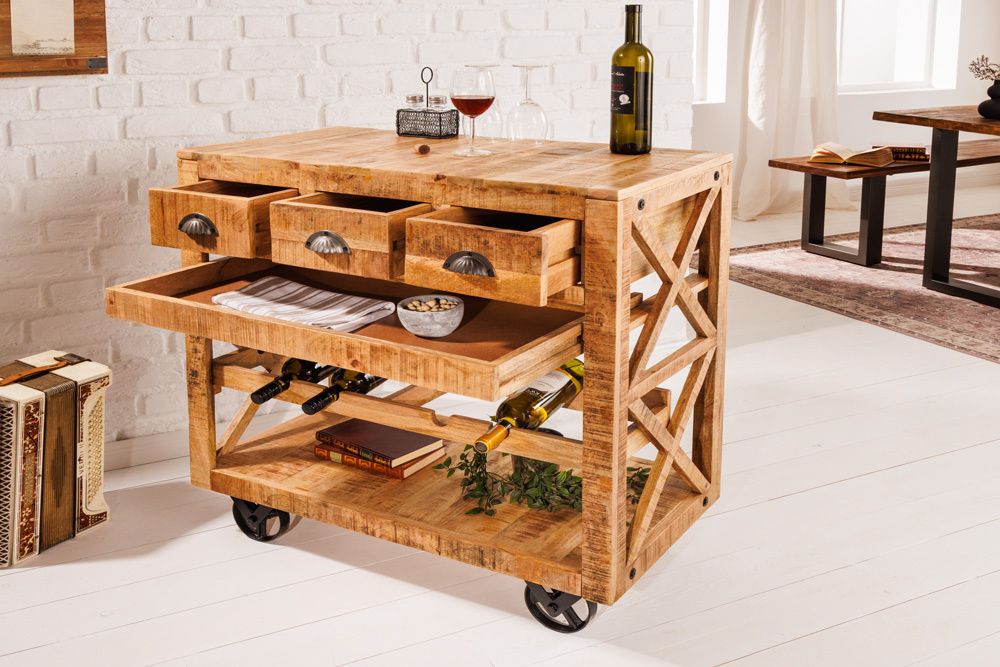 Industriële barkast BODEGA – 86 cm mangohouten serveerwagen met wijnrek