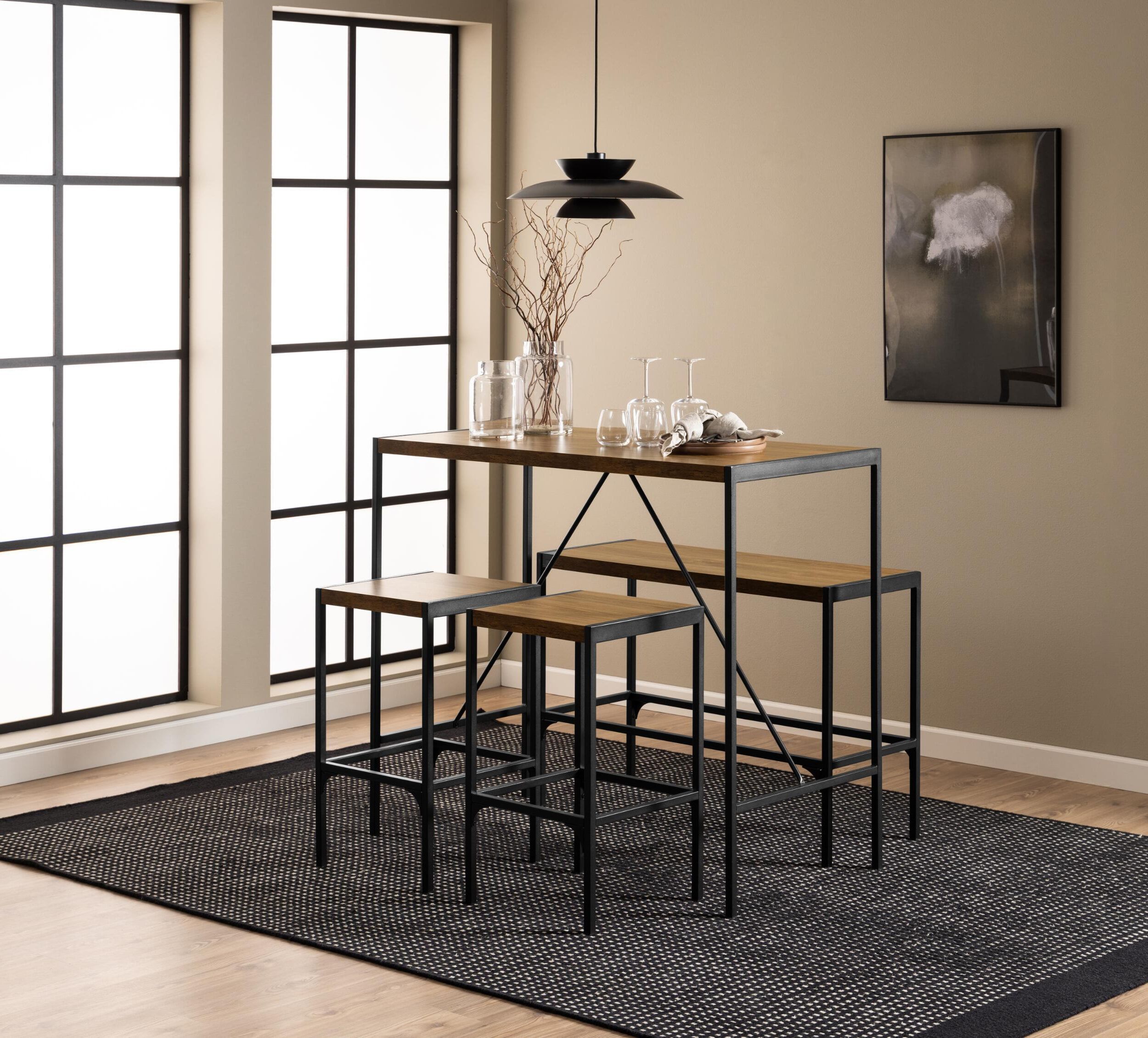 Industriële Bartafelset Deryk – Eikenlook met Barstoelen en Bankje