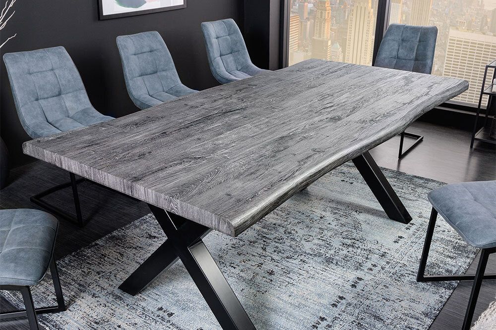 Industriële eettafel WILD 200 cm – grijs‑witgekalkt wild eiken met robuuste X‑poot