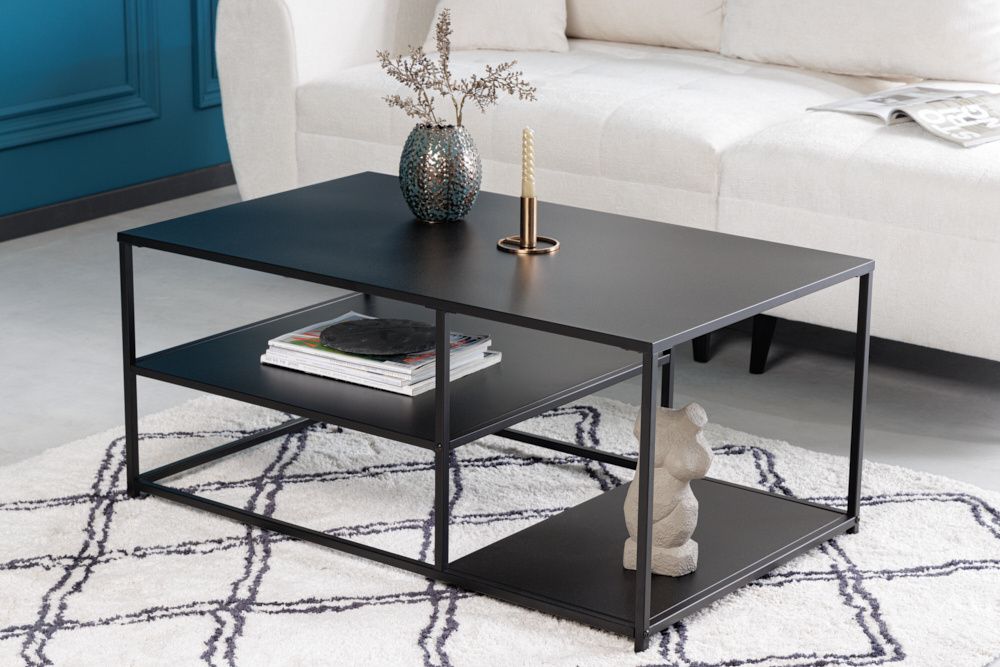 Industriële salontafel DURA STEEL – zwart metaal, 100 cm, 2 opbergvakken
