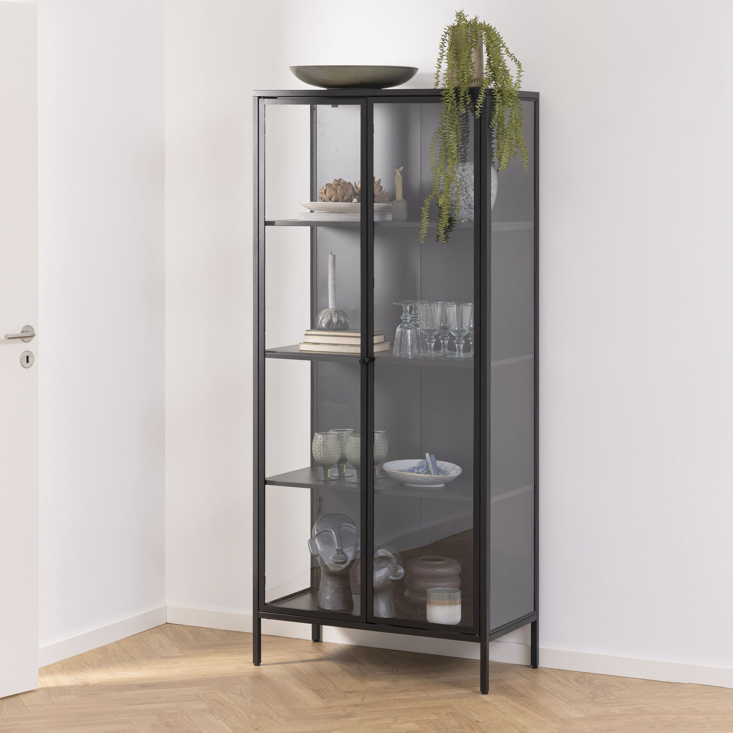 Industriële vitrinekast Bendt Lua – Zwart metaal, 80 × 160 cm