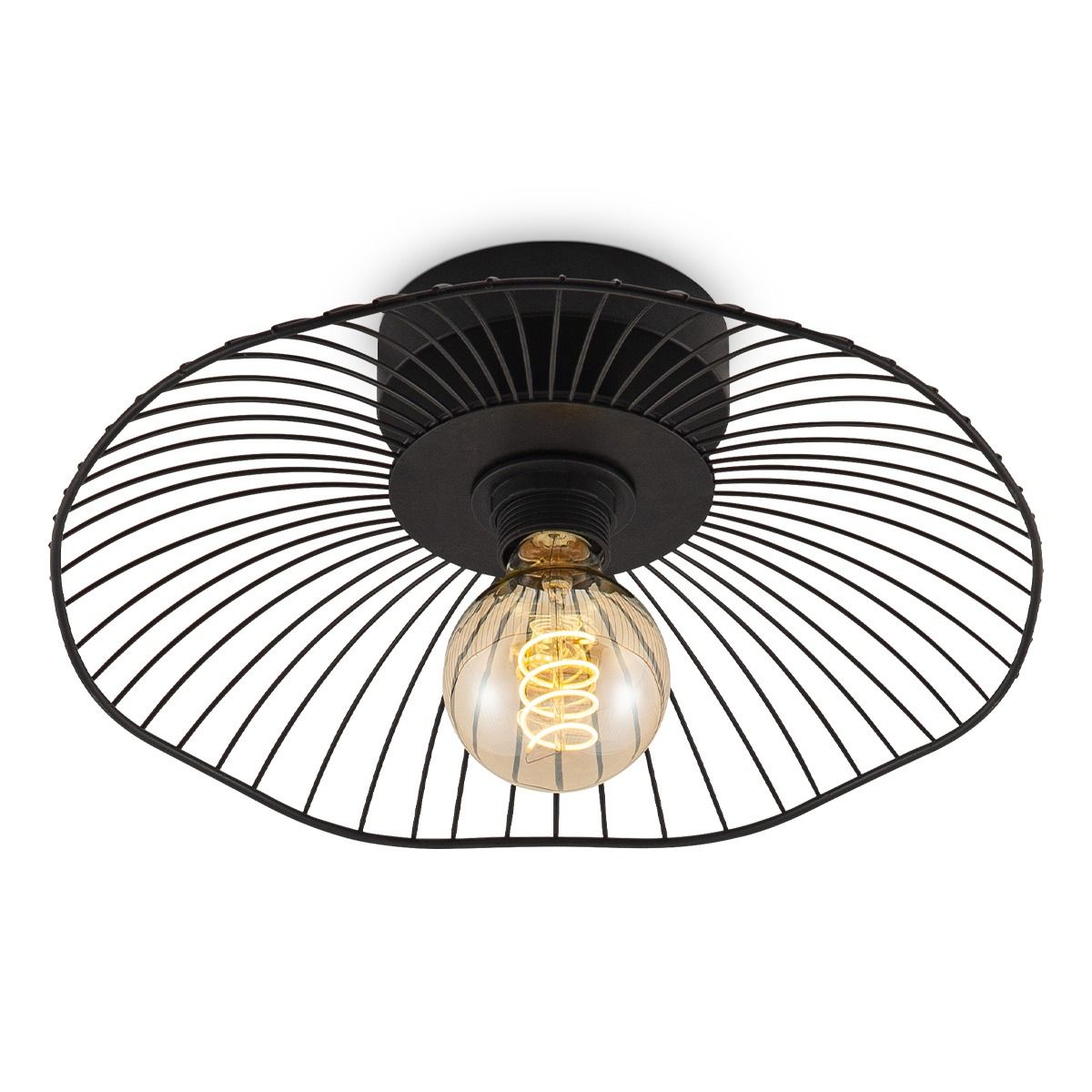 Industriële zwarte plafondlamp met metalen paraplu‑kap – compact, stijlvol en energiezuinig