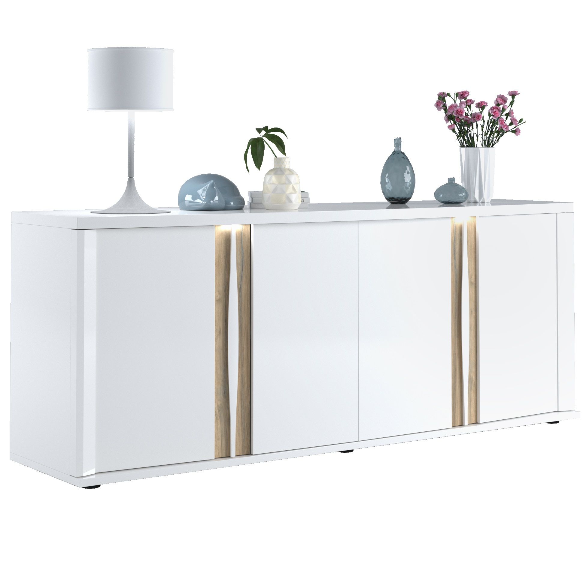 Insta Dressoir 220 cm – Hoogglans wit met warme eiken accenten
