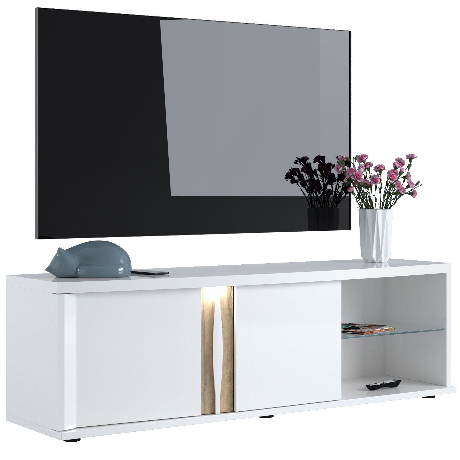 Insta TV‑meubel 180 cm – Strak wit met warme eiken accenten