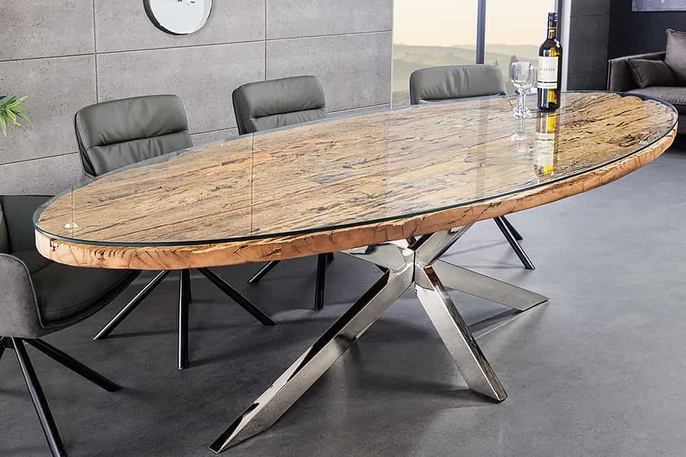 Invicta Interior BARRACUDA massieve eettafel – 220 cm bruine teakhout, zilveren steronderstel en glazen blad