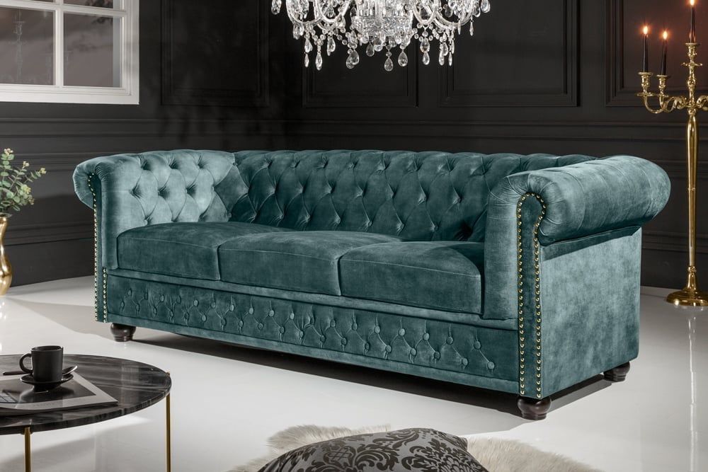 Invicta Interior Chesterfield 3‑zitbank 205 cm – Luxe petrolfluweel met gouden klinknagels